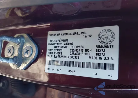 2013 Honda Crosstour Ex-L V6 z USA, uszkodzony, nr VIN 5J6TF2H59DL800379